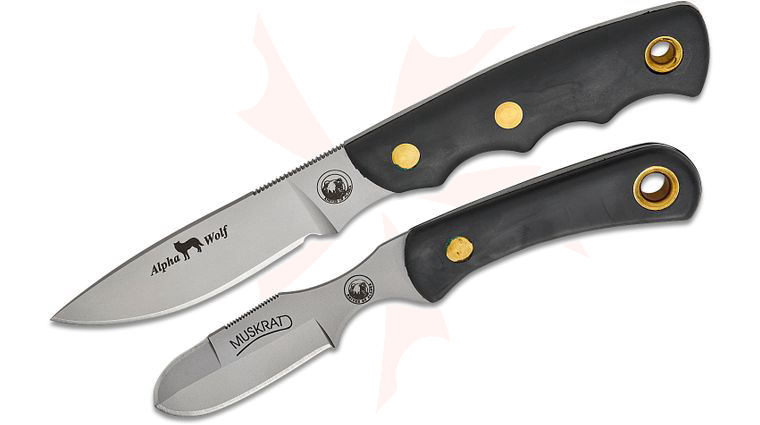Knives of Alaska Alpha Wolf/Muskrat Combo Set, Black Santoprene SureGrip Handles, Brown Leather Sheath