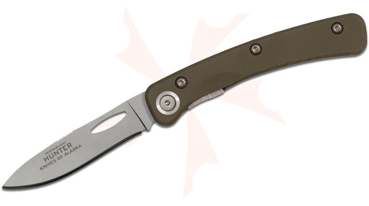 Knives of Alaska Featherlight Hunter Folding Knife 3 inch D2 Bead Blast Blade, OD Green G10 Handles