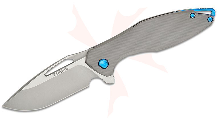 Koenig Knives Mini Arius Flipper Knife 3 inch M390 Burnished Two-Tone Blade, Corda Milled Titanium Handles, Blue Accents