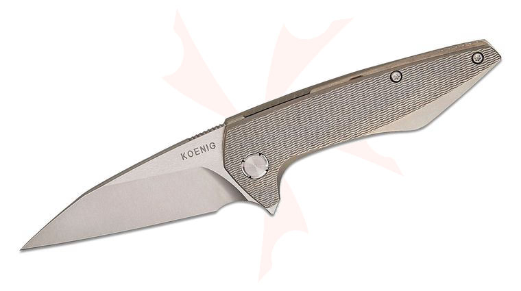 Koenig Knives x Sharknivco (Edison Barajas) Collaboration Custom Mini Goblin Frame Lock Flipper Knife 3.12 inch M390 Burnished Two-Tone Wharncliffe Blade, Sandblasted PCF Pattern Titanium Handles, Silver Hardware Accents