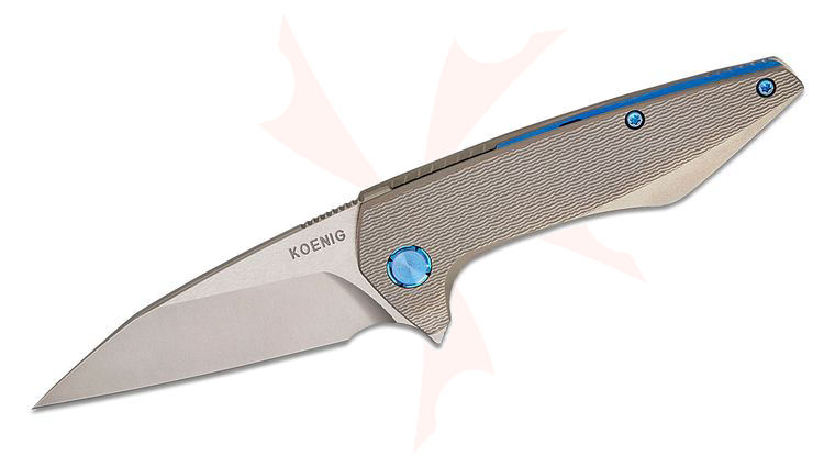 Koenig Knives x Sharknivco (Edison Barajas) Collaboration Custom Mini Goblin Frame Lock Flipper Knife 3.12 inch M390 Burnished Two-Tone Wharncliffe Blade, Sandblasted PCF Pattern Titanium Handles, Blue Hardware Accents