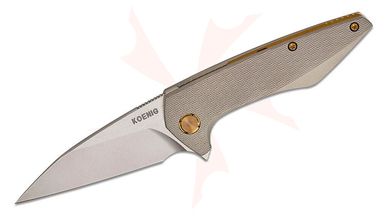 Koenig Knives x Sharknivco (Edison Barajas) Collaboration Custom Mini Goblin Frame Lock Flipper Knife 3.12 inch M390 Burnished Two-Tone Wharncliffe Blade, Sandblasted PCF Pattern Titanium Handles, Bronze Hardware Accents