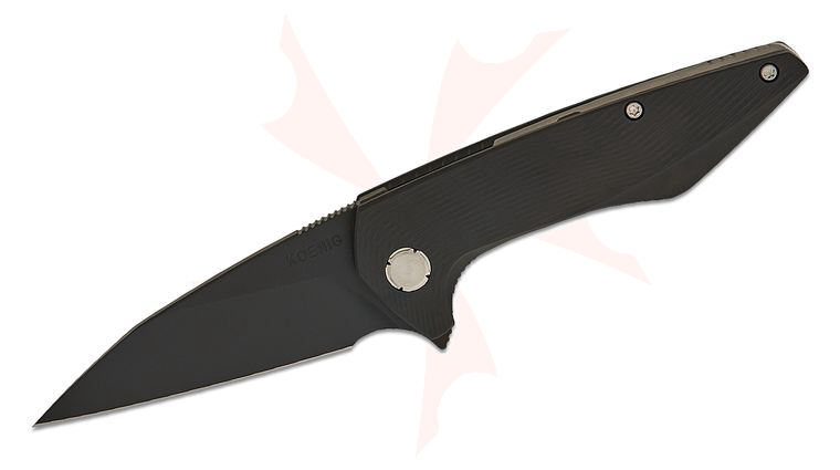 Koenig Knives x Sharknivco (Edison Barajas) Collaboration Mini Goblin Frame Lock Flipper Knife 3.12 inch M390 Matte Black DLC Wharncliffe Blade, Black DLC Sea Pattern Milled Titanium Handles, Silver Accents