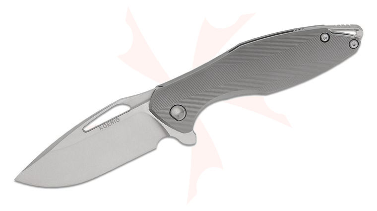 Koenig Knives Custom Arius Gen 4 Flipper Knife 3.5 inch M390 Burnished Two-Tone Blade, Blasted Patterned Titanium Handles, Raw Hardware