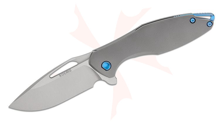 Koenig Knives Custom Arius Gen 4 Flipper Knife 3.5 inch M390 Burnished Two-Tone Blade, Blasted Patterned Titanium Handles, Blue Hardware