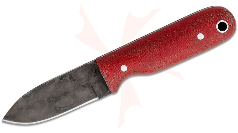 L.T. Wright Bushbaby HC 3 inch Saber Grind 1075 Fixed Blade Knife, Red Linen Micarta, Leather Sheath