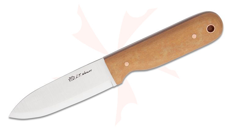 L.T. Wright Bushcrafter 3.95 inch CPM-MagnaCut Fixed Blade Knife, Scandi Grind, Maple Paper Micarta, Leather Sheath