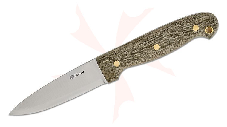 L.T. Wright GNS Scandi 4.38 inch O1 Fixed Blade Knife, Green Micarta, Leather Sheath