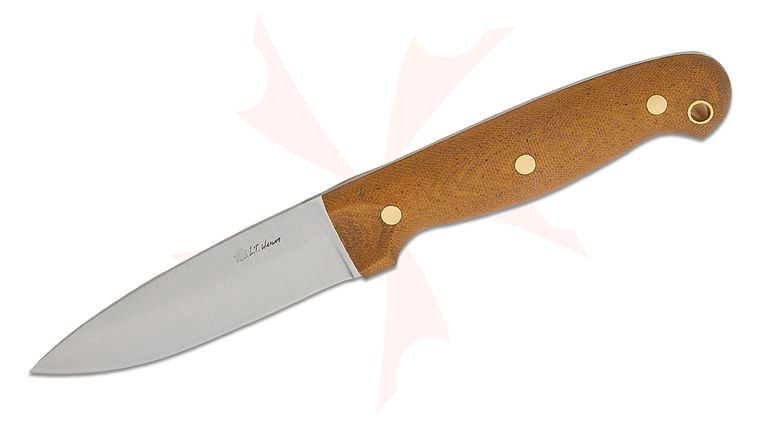 L.T. Wright GNS Saber Ground Fixed Blade Knife 4.38 inch O1 Satin Blade, Natural Canvas Micarta with Thumb Scallops, Leather Sheath