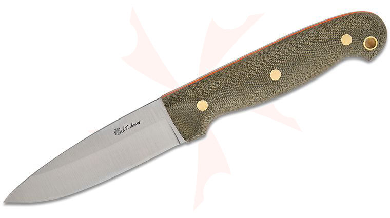 L.T. Wright GNS Saber Ground Fixed Blade Knife 4.38 inch O1 Satin Blade, Green Canvas Micarta with Thumb Scallops and Orange Liners, Leather Sheath
