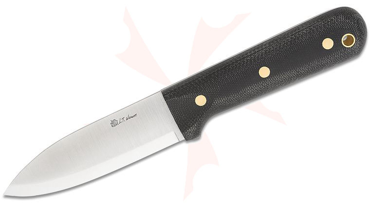 L.T. Wright Genesis Kephart Style 4.25 inch A2 Scandi Grind Fixed Blade Knife, Black Canvas Micarta, Leather Sheath