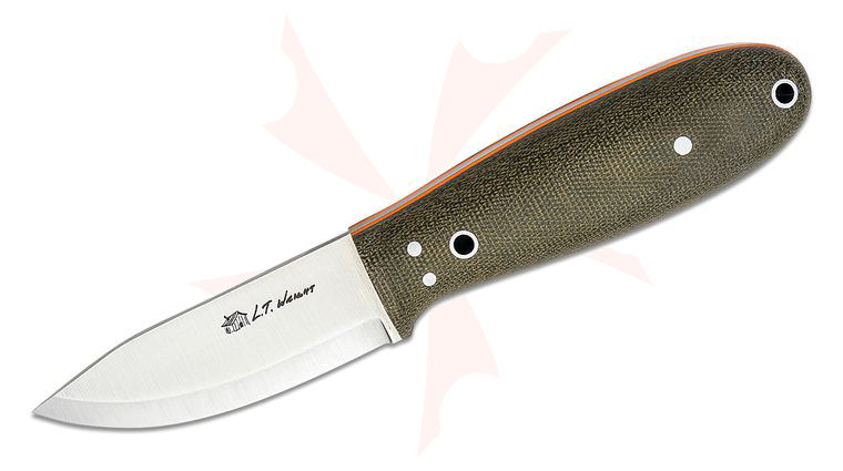 L.T. Wright Holy Bushman V2 3.25 inch A2 Scandi Grind Fixed Blade Knife, Green Micarta, Orange Liners, Leather Sheath
