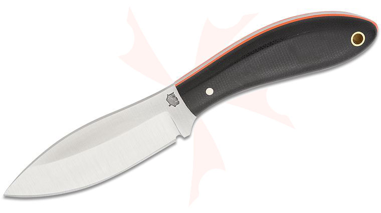 L.T. Wright Small Northern Hunter 3.5 inch AEB-L Saber Grind Fixed Blade Knife, Polished Black Micarta, Orange Liners, Leather Sheath