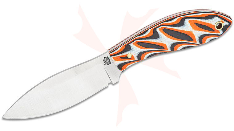 L.T. Wright Small Northern Hunter 3.5 inch AEB-L Saber Grind Fixed Blade Knife, Twisted Black/Orange/White G10, Leather Sheath