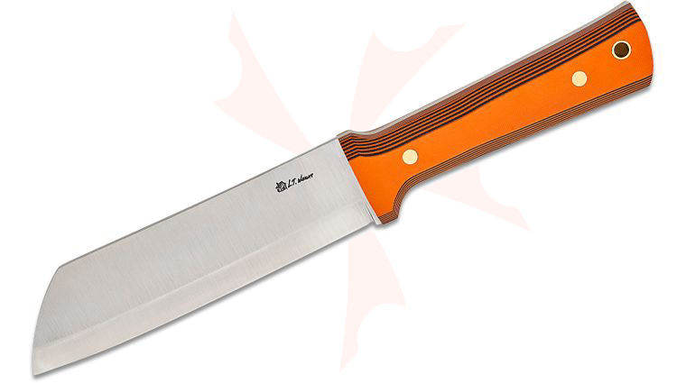 L.T. Wright The Regulator Fixed Blade Knife 6.25 inch O1 Scandi Grind Satin Sheepsfoot Blade, Polished Orange and Black G10 Handles, Leather Sheath