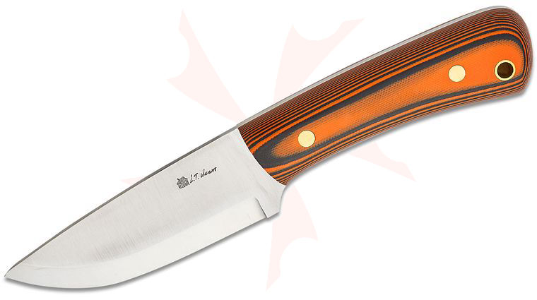 L.T. Wright XL Workhorse Fixed Blade Knife 4.13 inch O1 Satin Scandi Drop Point Blade, Polished Orange and Black G10 Handles, Leather Sheath