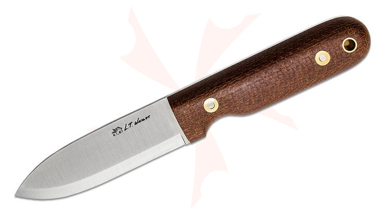 L.T. Wright Bushcrafter 3.95 inch CPM-MagnaCut Fixed Blade Knife, Scandi Grind, Brown Burlap Micarta, Leather Sheath