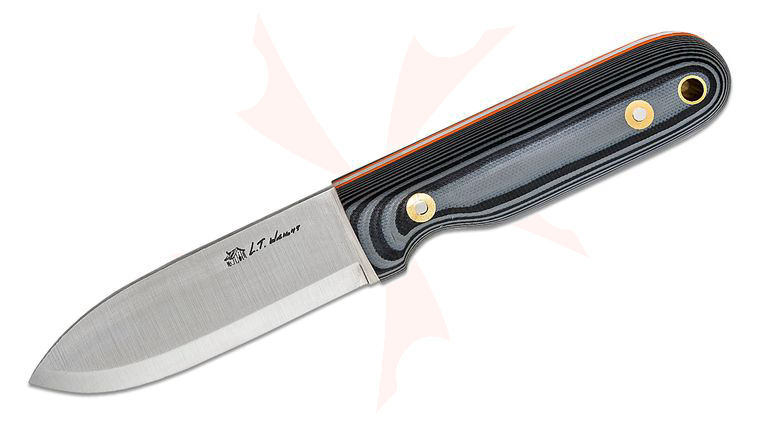 L.T. Wright Bushcrafter 3.95 inch CPM-MagnaCut Fixed Blade Knife, Scandi Grind, Black & Gray G10 Handles, Orange Liners, Leather Sheath
