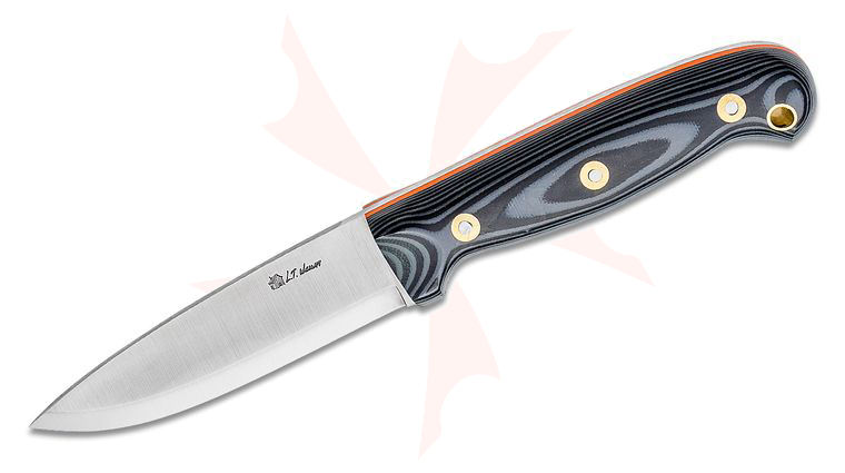 L.T. Wright GNS Scandi 4.38 inch O1 Fixed Blade Knife, Black & Gray G10 with Thumb Scallops, Orange Liners, Leather Sheath