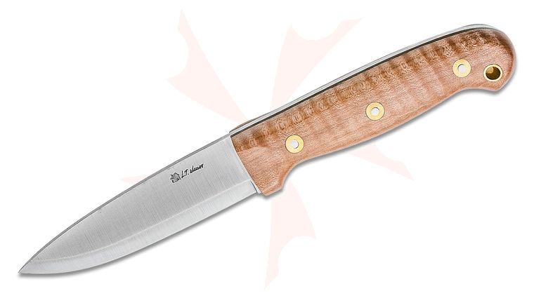 L.T. Wright GNS Scandi 4.38 inch O1 Fixed Blade Knife, Maple Wood Handles with Thumb Scallops, OD Green Liners, Leather Sheath