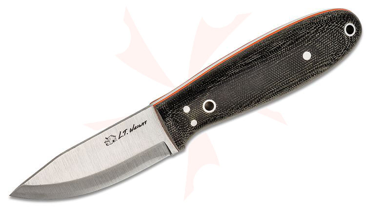 L.T. Wright Holy Bushman V2 3.25 inch A2 Scandi Grind Fixed Blade Knife, Black Micarta, Orange Liners, Leather Sheath