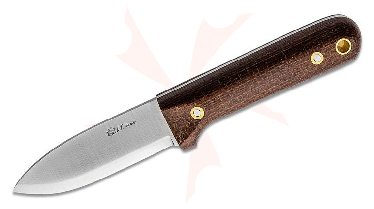 L.T. Wright Skinny Next Gen 3.3 inch AEB-L Scandi Grind Kephart Fixed Blade Knife, Brown Burlap Micarta, Leather Sheath