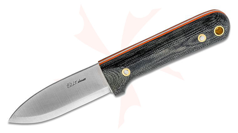 L.T. Wright Skinny Next Gen 3.3 inch AEB-L Scandi Grind Kephart Fixed Blade Knife, Black Micarta, Orange Liners, Leather Sheath