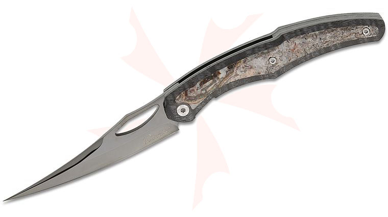 La Cantina Knifemaker Custom Miche #445 Folding Knife 3.75 inch RWL-34 Polished Black DLC Clip Point Blade, Stabilized Mango Wood Handles with Fossilized Dinosaur Bone Inlays