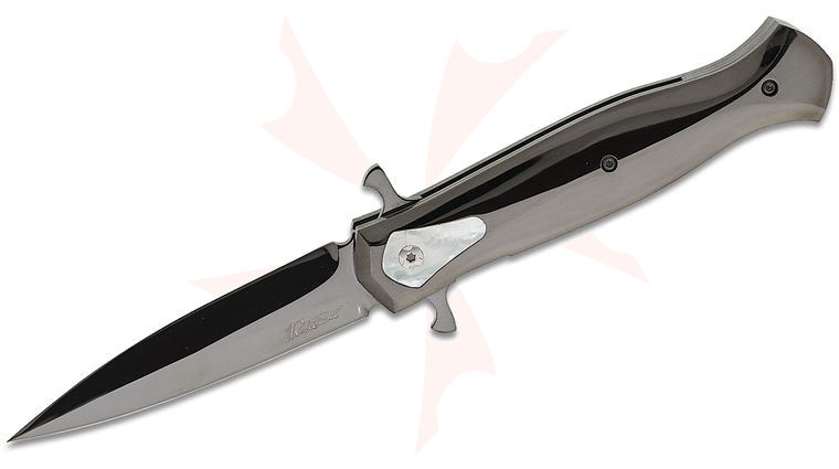 La Cantina Knifemaker Custom Sally #444 Flipper Knife 3.75 inch RWL-34 Polished Black DLC Single-Edge Dagger Blade, Polished Black DLC Stainless Steel Handles with Mother of Pearl Inserts