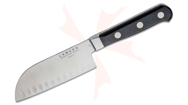 Lamson USA 5 inch Midnight Forged Granton Edge Santoku Knife, Black G10 Handle