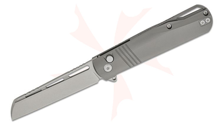 Latama Cutlery Virtu Button Lock Flipper Knife 3.125 inch M390 Stonewashed Sheepsfoot Blade, Blasted Titanium Handles