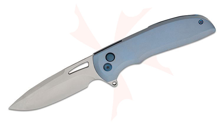Latama Cutlery Yuuki Button Lock Flipper Knife 3.5 inch CPM-20CV Stonewashed Drop Point Blade, Blue Titanium Handles