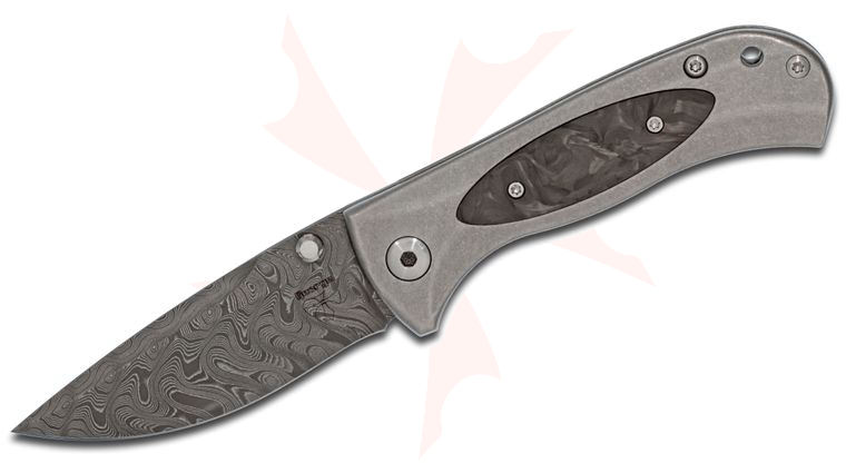 Les George Custom FM-1 Folding Knife 3.625 inch Nichols Boomerang Damascus Blade, 3D Machined Titanium Handles with Marble Carbon Fiber Inlay