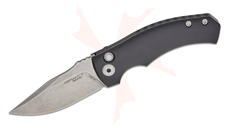 Defiant 7 Les George Valmara AUTO Folding Knife 3.25 inch CPM-154 Stonewashed Drop Point Blade, Milled Black Aluminum Handles