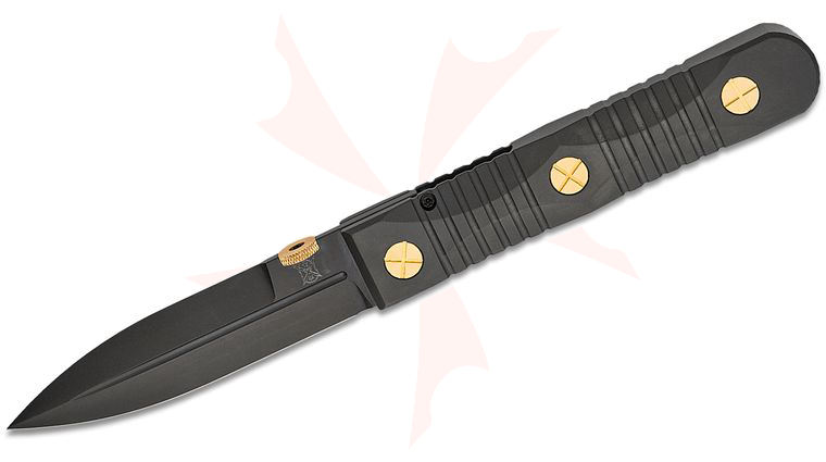 Les George/Allen Elishewitz Ek Integral Folding Knife 3.75 inch M390 Black DLC Single Edge Dagger Blade, Black DLC Machined Titanium Handle, Brass Hardware