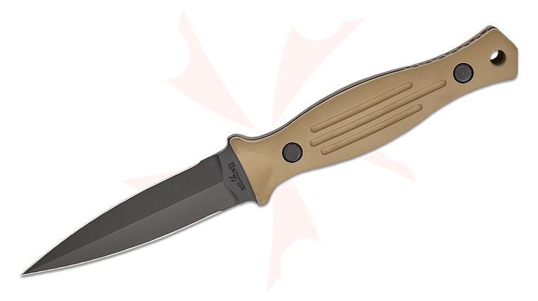 Les George Mid-Tech Galvo Fixed Blade Boot Knife 4 inch CPM-3V Black Cerakote Double Edge Dagger, Fuller Milled FDE Aluminum Handles, Leather Sheath