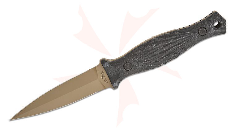 Les George Mid-Tech Galvo Fixed Blade Boot Knife 4 inch CPM-3V FDE Cerakote Double Edge Dagger, Tephra Milled Black G10 Handles, Leather Sheath