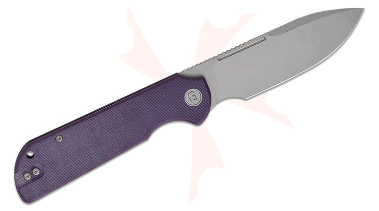 Liong Mah Designs Eutektik Binary Left Handed Flipper Knife 3.75 inch 14C28N Stonewashed Drop Point Blade, Purple G10 Handles, Reversible Clip