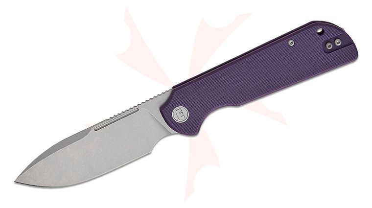 Liong Mah Designs Eutektik Binary Flipper Knife 3.75 inch 14C28N Stonewashed Drop Point Blade, Purple G10 Handles, Reversible Clip
