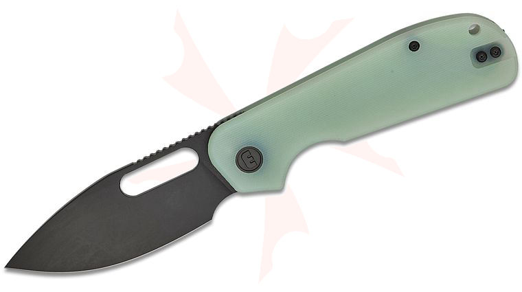 Liong Mah Designs Eutektik EFD Front Flipper Knife 3.5 inch 14C28N Black Stonewashed Drop Point Blade, Jade (Natural) G10 Handles