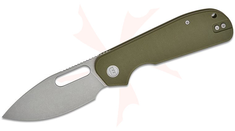 Liong Mah Designs Eutektik EFD Front Flipper Knife 3.5 inch 14C28N Stonewashed Drop Point Blade, OD Green G10 Handles