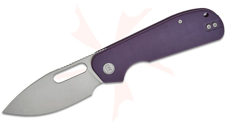 Liong Mah Designs Eutektik EFD Front Flipper Knife 3.5 inch 14C28N Stonewashed Drop Point Blade, Purple G10 Handles