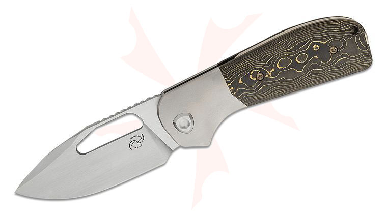 Liong Mah Designs Field Duty-3.5 Front Flipper Knife 3.5 inch CPM-S90V Hand Rubbed Satin Drop Point Blade, Camo Gold FatCarbon Handles with Gray Titanium Bolsters