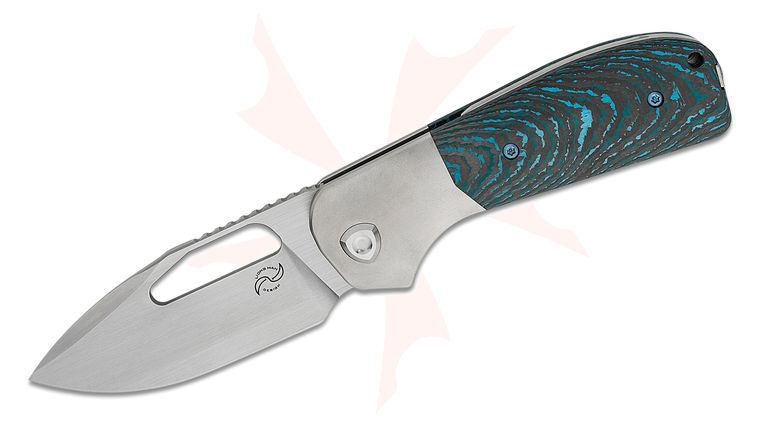Liong Mah Designs Field Duty-3.5 Front Flipper Knife 3.5 inch CPM-S90V Hand Rubbed Satin Drop Point Blade, Crosscut Arctic Storm FatCarbon Handles with Gray Titanium Bolsters