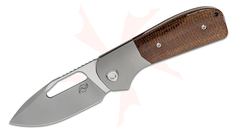 Liong Mah Designs Field Duty-3.5 Front Flipper Knife 3.5 inch CPM-S90V Stonewashed Drop Point Blade, Brown Burlap Micarta Handles with Gray Titanium Bolsters
