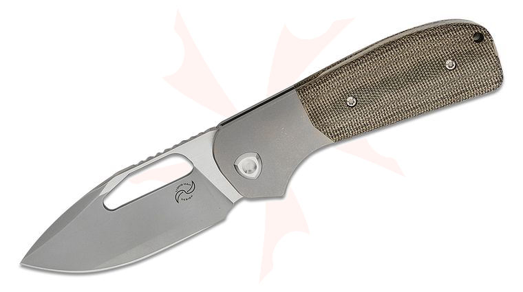 Liong Mah Designs Field Duty-3.5 Front Flipper Knife 3.5 inch CPM-S90V Stonewashed Drop Point Blade, Green Canvas Micarta Handles with Gray Titanium Bolsters