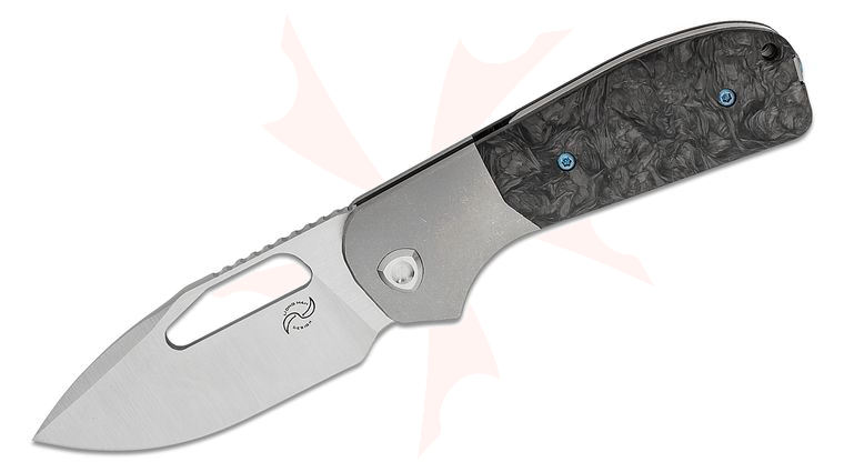Liong Mah Designs Field Duty-3.5 Front Flipper Knife 3.5 inch CPM-S90V Belt Satin Drop Point Blade, Dark Matter FatCarbon Handles with Gray Titanium Bolsters