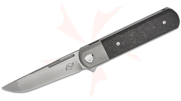 Liong Mah Designs T-1 Tanto One Bolster Lock Flipper Knife 3.75 inch M390 Frosted Satin Compound Tanto Blade, Bolstered Titanium Handles with Marble Carbon Fiber Scales