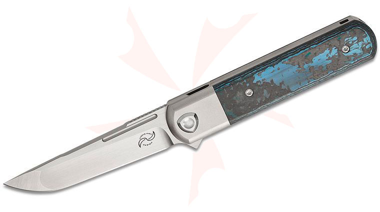 Liong Mah Designs T-1 Tanto One Bolster Lock Flipper Knife 3.75 inch M390 Hand Rubbed Satin Compound Tanto Blade, Bolstered Titanium Handles with Arctic Storm FatCarbon Scales