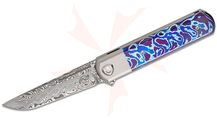 Liong Mah Designs T-1 Tanto One Bolster Lock Flipper Knife 3.75 inch Damasteel Compound Tanto Blade, Bolstered Titanium Handles with Mokuti Scales and Clip